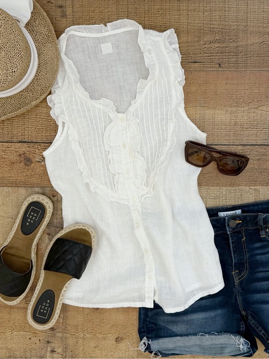 120% Lino Tops - White Ruffle-Trim Sleeveless Button Front Blouse by 120% LINO